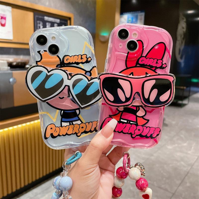 Cartoon Powerpuff Girls Girl Phone Case for iPhone 11 7 8 Plus 12 13 14 Pro Max X XR XS 14Plus TPU Sunglasses Frame Holder Bracelet Silicone Case Casing Screen Protector