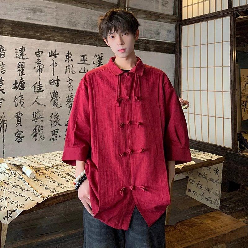 Product Introduction of Áo Sơ Mi Ngắn Tay Cotton Màu Đỏ Rượu Vang Phong Cách Trung Quốc Mới, Dành Cho Nam Giới, Phong Cách Trung Quốc, Trang Phục Mùa Hè, Cổ Chân Đế Chất Lượng Cao, Áo Sơ Mi Cải Tiến Thời Trang 1