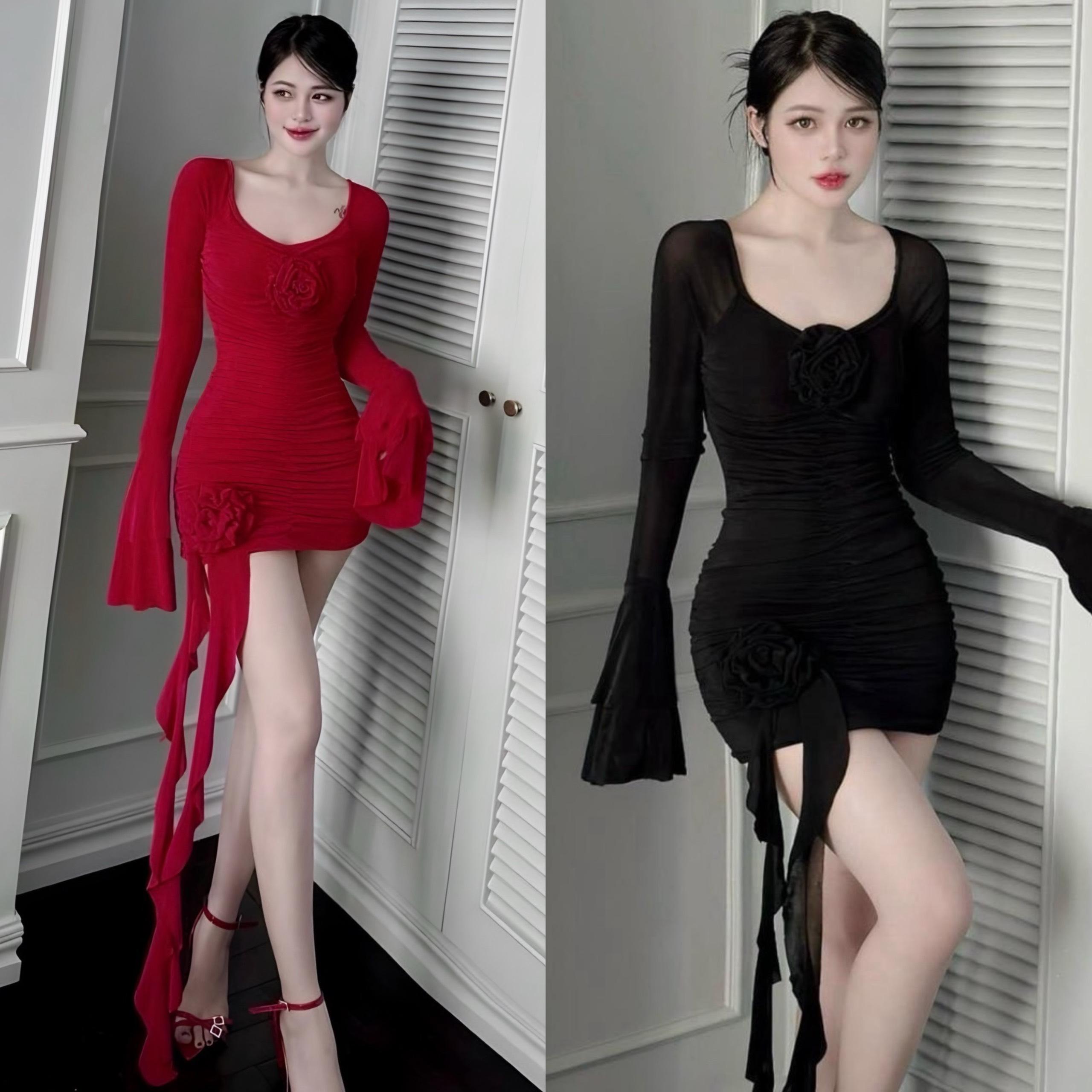 Thời Trang Bigsize Váy Dự Tiệc Body Tay Dài Vải Xốp Nhăn Bigsize 50-100kg Nữ Dress - A.1292