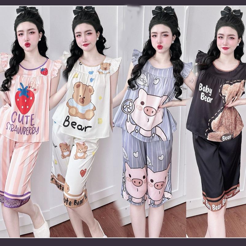 Đồ bộ ngủ dành cho nữ cổ tròn cánh tiên quần lửng lụa xước ánh kim 38-70kg