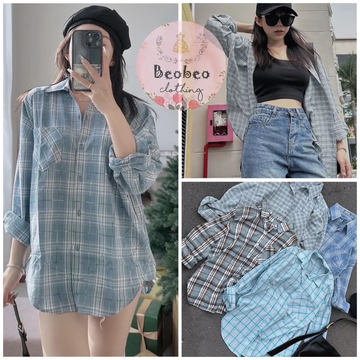 Áo sơ mi oversize sọc kẻ tay dài 4 màu ulzzang