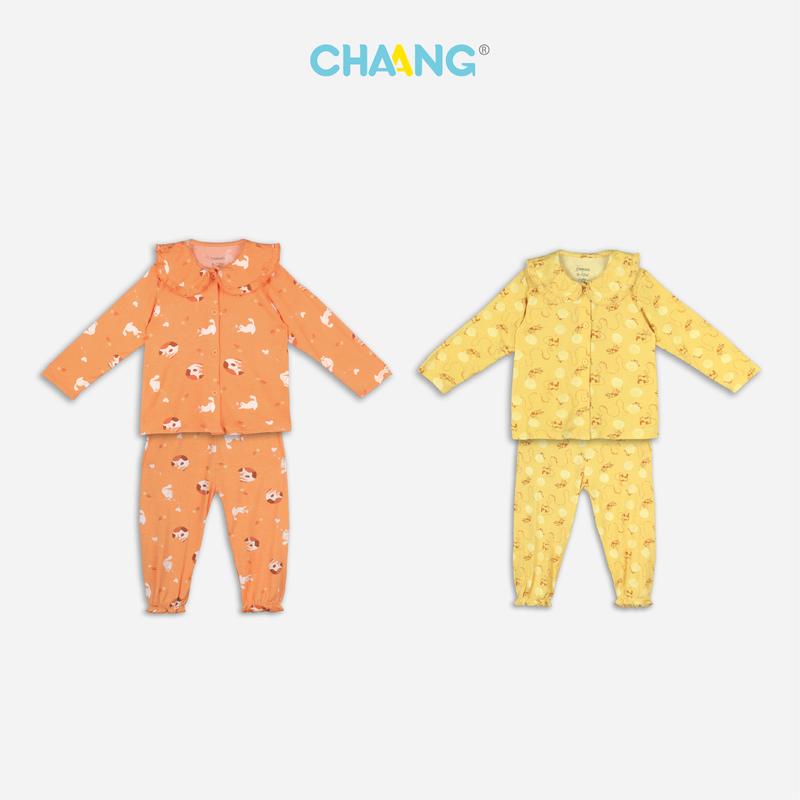 [CHAANG X KOC] Bộ quần áo dài cúc giữa cổ sen bé gái Mèo cho bé gái 3M-5Y