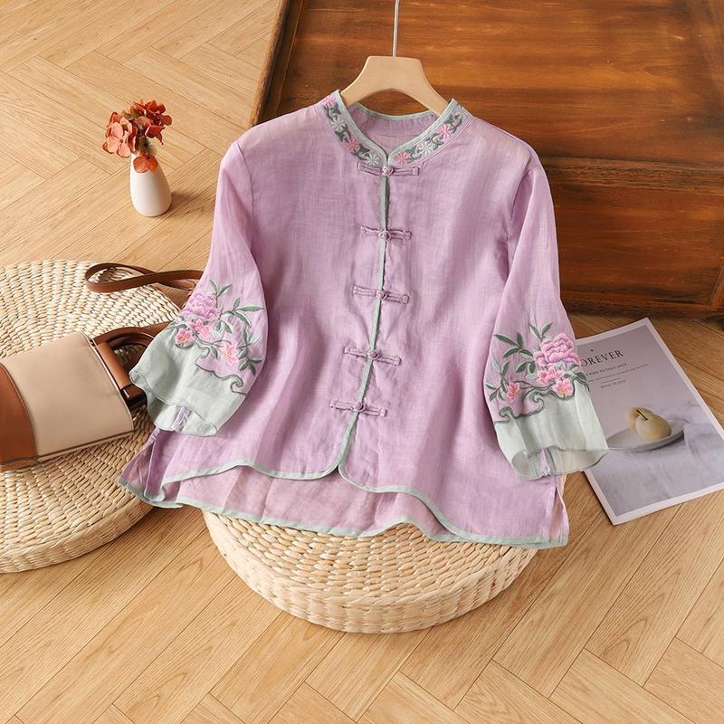 Baju Lengan Tiga Suku Wanita, Gaya Kebangsaan Baharu, Bahan Kapas dan Linen, Atasan Bersulam Etnik Retro Musim Panas, Rekaan Gesper Artistik Longgar, Blok Warna 3