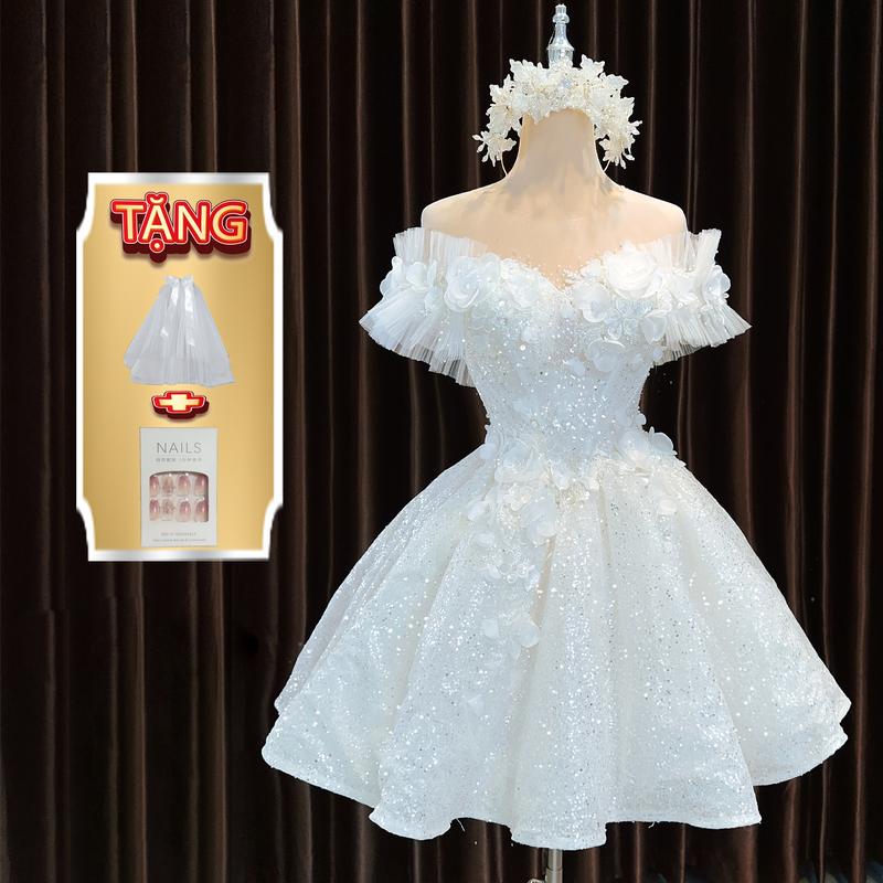 Váy cưới cô dâu ngắn MIDI trắng trễ vai ngan gối áo cưới cho cô dâu đi bàn - Tặng boan + Bộ nail - Nữ Women Dress MÃ 252