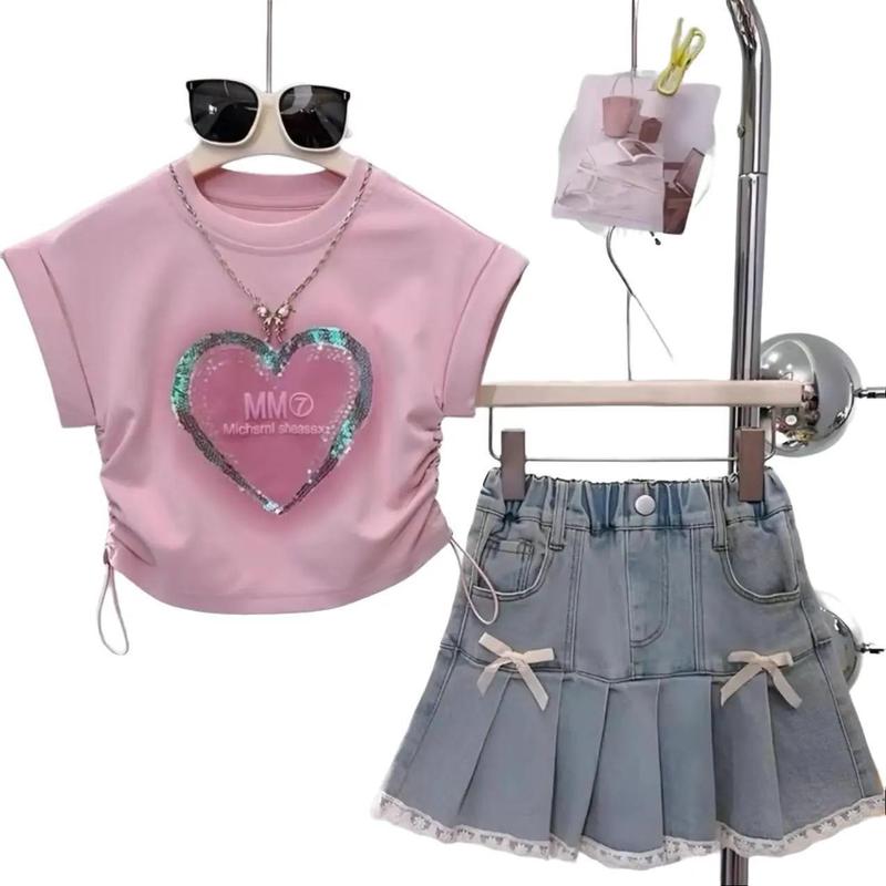  D5 Bộ chân váy jean Mộc Baby Store cho bé gái 10-35kg áo tim in 5D 