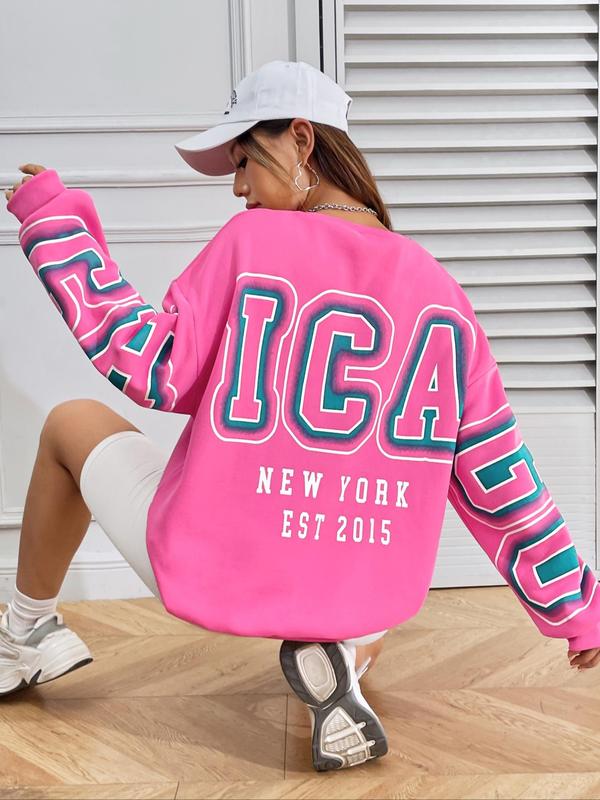 Women's Letter & Figure Print Drop Shoulder Sweatshirt, Fashion Casual Long Sleeve Round Neck Pullover for Daily Wear, Ladies Spring & Fall Clothes, Summer Outfits 2024 6