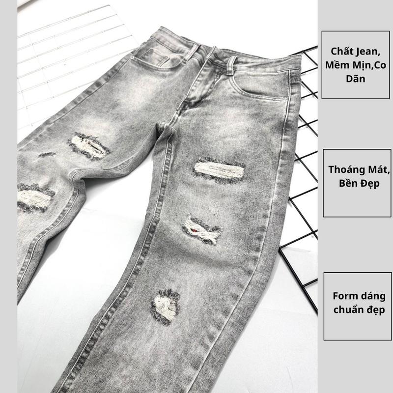 Quần Jean Nam Màu Xám Trằng, Họa Tiết Rách Có Lót Vải, Chất Jean Co Dãn, Thoáng Khí 63 3