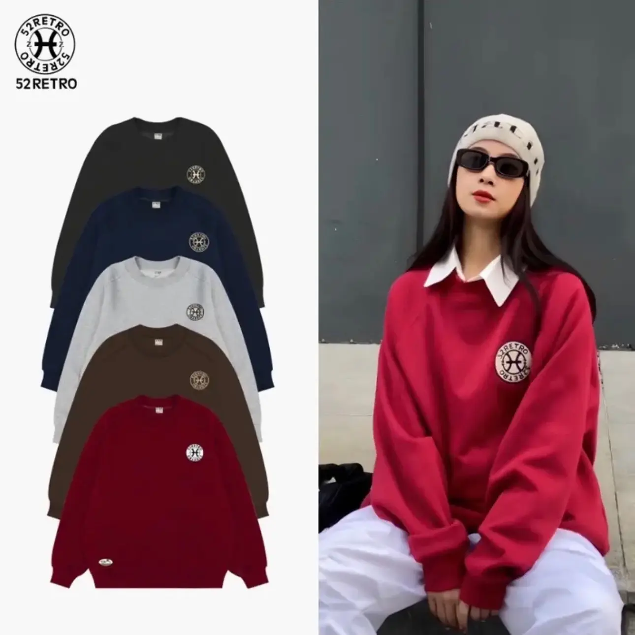 Áo Sweater 52RETRO  Nỉ Lông Cáo Logo Thêu Basic
