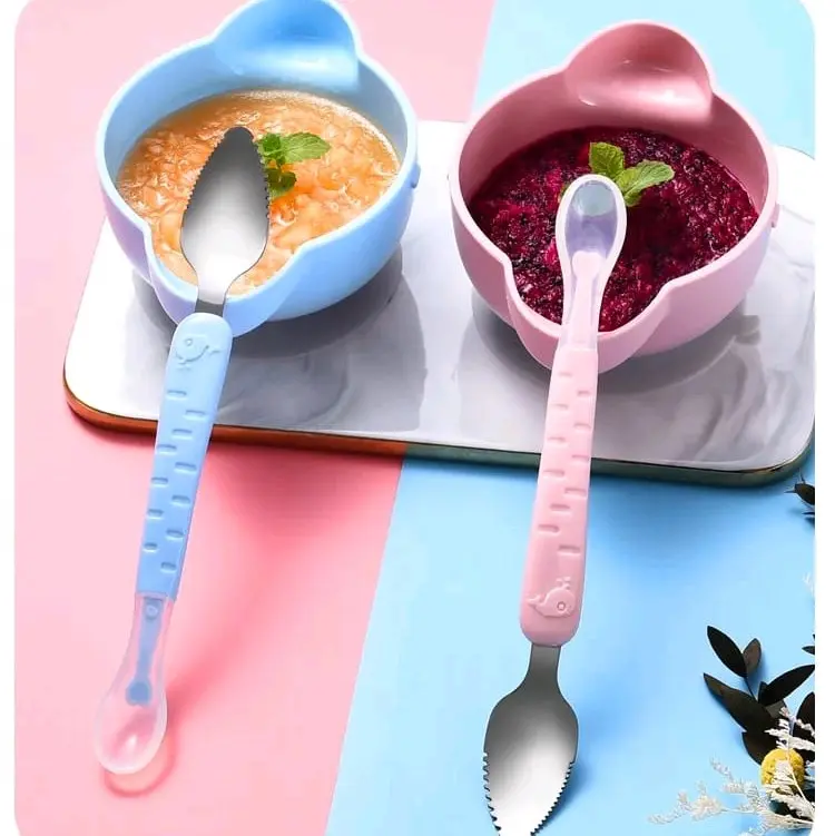 Sendok Kerok Buah Sendok Makan MPASI Bayi Stainless dan Silikon 2in1 6
