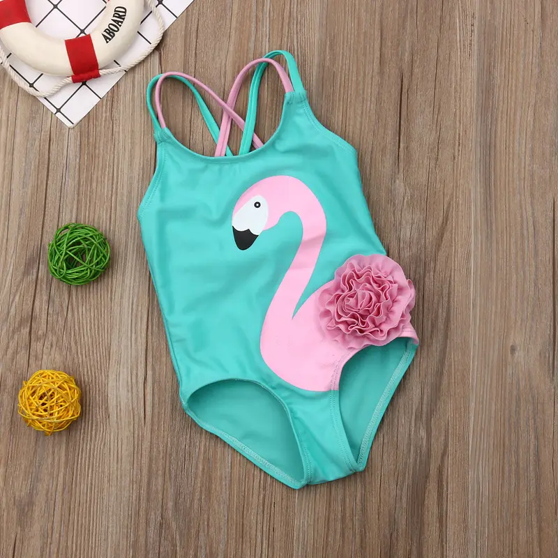 Đồ Tắm Cho Nhỏ Gái, Không Tay, Cổ Tròn, Áo Jumpsuit Quần Bơi Ôm Sát Đáy Tam Giác, Họa Tiết Hồng Hạc & Hoa, Thích Hợp Cho 6M-5Y 1