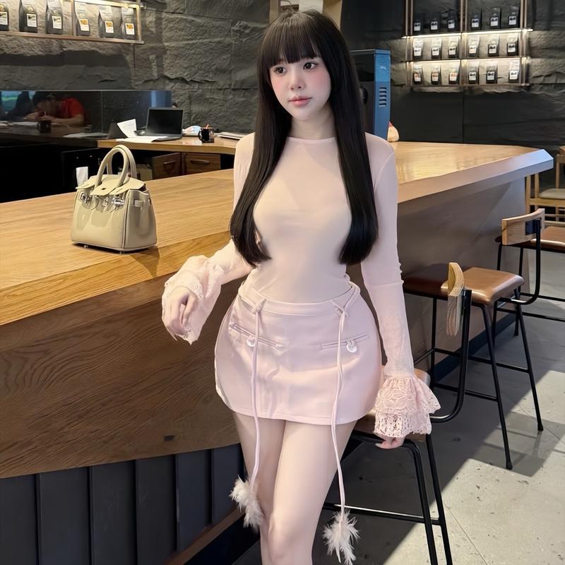 Set Váy Body Áo Nhúng Giấy kèm Chân Váy Tuyết Mưa Phối Tay Ren Sang Chảnh SUNFLOWER SHOP Nữ Women Top