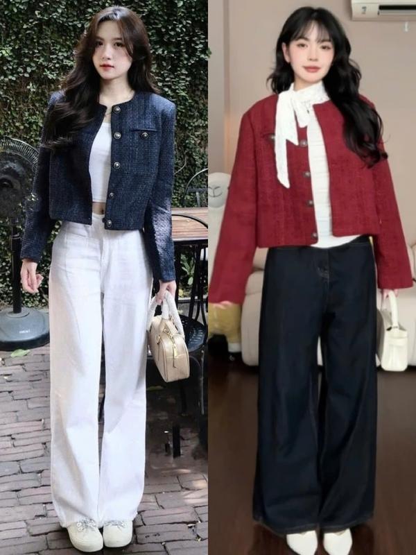   HÀNG 2 LỚP  Áo dạ tweed A.679 Áo dạ lửng nữ cổ tròn dài tay 2 túi giả dày dặn phong cách thanh lịch - Shop Chấm Bi 