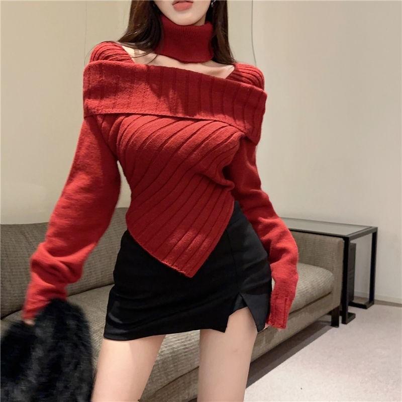 Product Introduction of Áo Len Cổ Vuông, Màu Trơn Dây Treo Cổ Dài Tay, Dành Cho Nữ, Mùa Thu Và Mùa Đông, Nhẹ Nhàng Và Gợi Cảm, Thiết Kế Bất Đối Xứng Ôm Sát, Áo Len 1