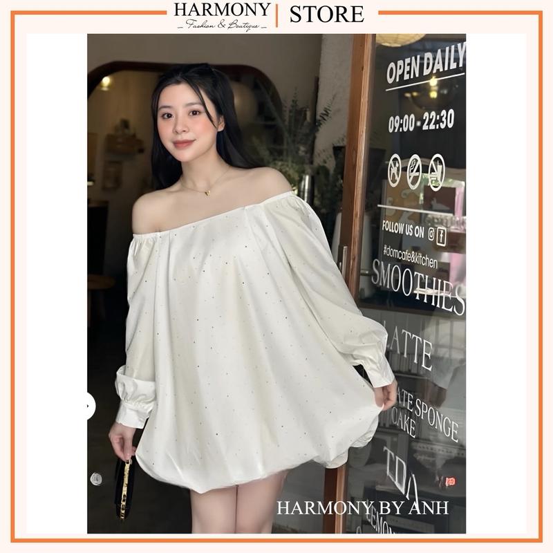 Áo Kiểu Trễ Vai Đính Đá Harmony Tay Chun Dáng Babydoll Siêu Xinh M1 Màu trắng Top Women Voan