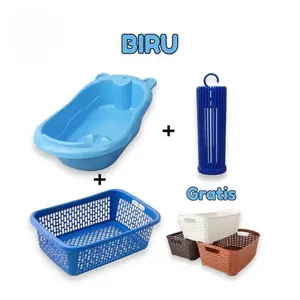 paket lengkap bak mandi bayi kuping + keranjang baju + folding 30 stik + gratis keranjang alma serbaguna Perlengkapan Baby 0-3 bulan random bak mandi bayi & kursi mandi dapat ditiup blue 1 set plastik premium