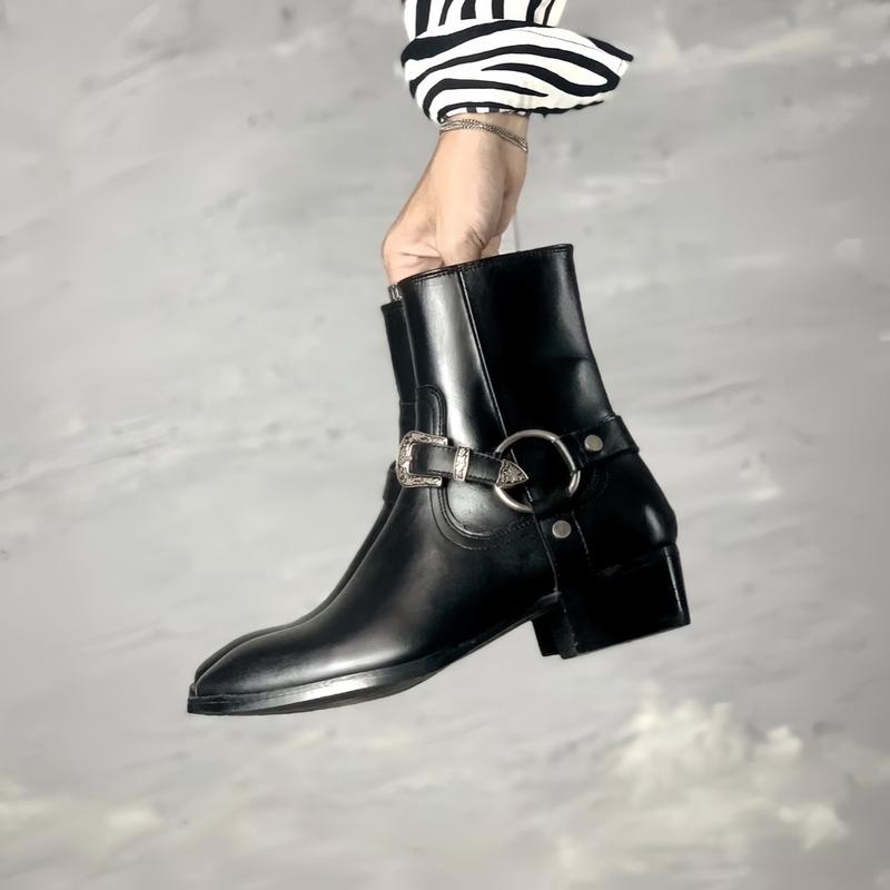 Harness boots thắt lưng da bò đế gỗ 5cm khâu Chelsea Boots