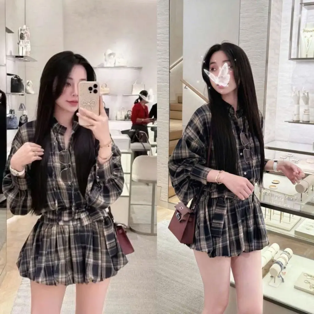 Set Váy nữ - Áo Sơ Mi Kẻ Caro Tay Phồng Có Dây Đai Mix Kèm Chân Váy Bí Ngô Có Quần Bảo Hộ