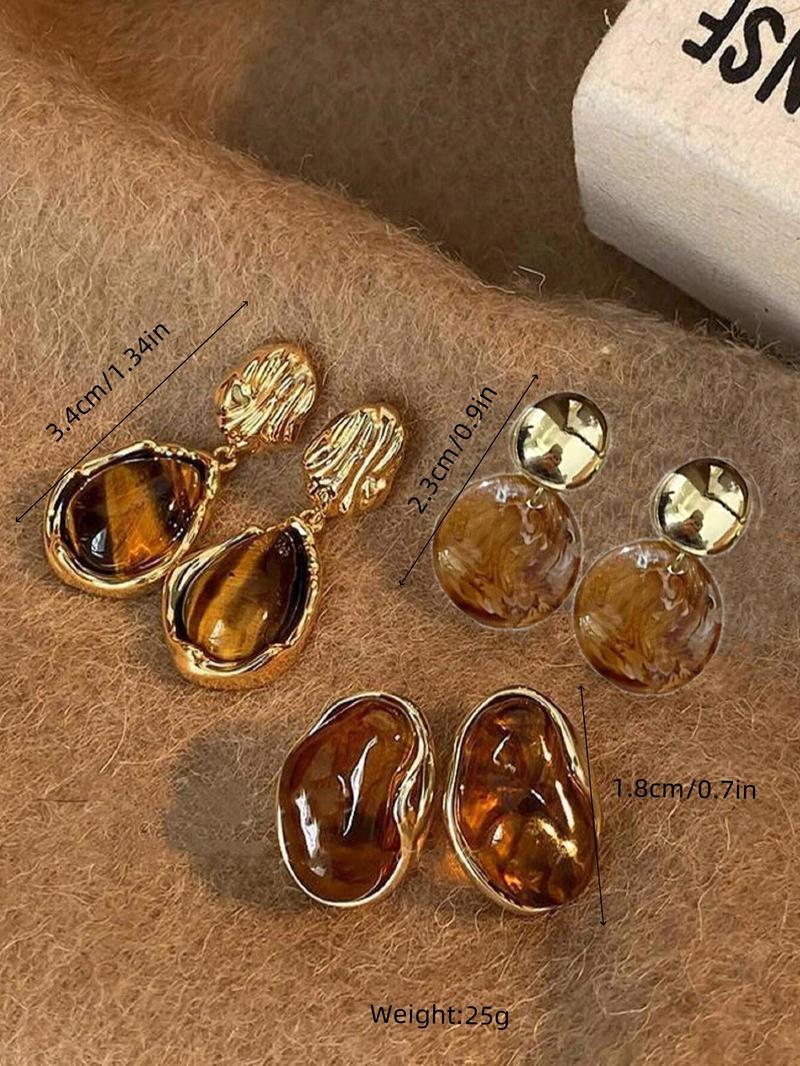 Product Introduction of Vintage Tiger Eye Stone Decorated Earrings Set, Elegant Geometric Design Earrings for Women, Trendy All-match & Exquisite Jewelry for Birthday Gift 6