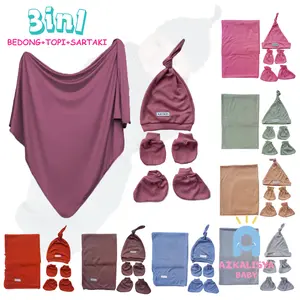 Paket 3in1 Selimut Bedongan Bedong Topi Sartaki Bayi Baru Lahir Polos Newborn Instan Hemat