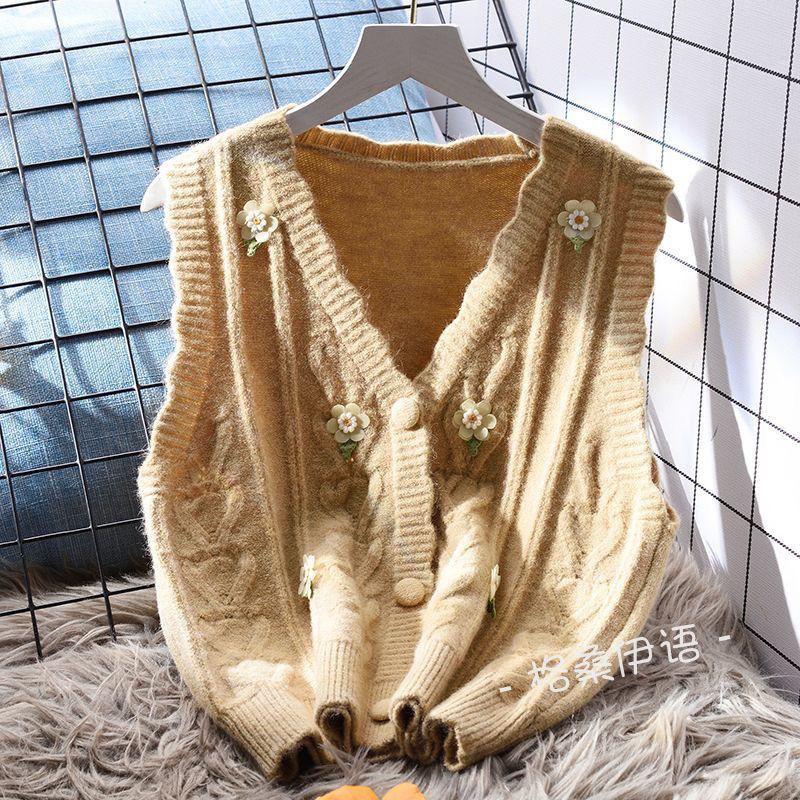 Áo Vest Dệt Kim Thêu, Cổ Chữ V Nhẹ Nhàng, Dáng Rộng Vừa Vặn, Dành Cho Nữ, Hàng Mới Về Mùa Thu, Áo Mặc Bên Ngoài Hàn Quốc, Áo Len Không Tay Áo Cardigan Women Top 6