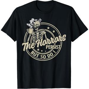 Camiseta negra con diseño abstracto 2D – estilo urbano alternativo, ideal para hombre y mujerFunny Skeleton Coffee The Horrors Persist But So Do I Humor - Camiseta