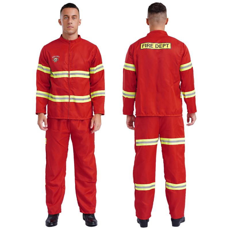 Manyakai Mens Firefighter Costume Fireman Role Play Uniform Long Sleeve Reflective Stripes 4-piece Suit 4