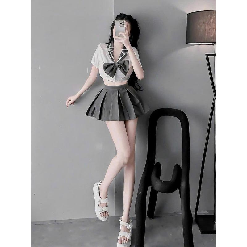 Set So Mi Cổ Vest Viền Nơ Lớn Phối Chân Váy Xếp Ly Chất Kate Đẹp, Thiết Kế Thời Trang Nữ Tính Trẻ Trung Cho Nữ Dưới 53kg, Set Đồ Hot Trend 2025 Áo Women