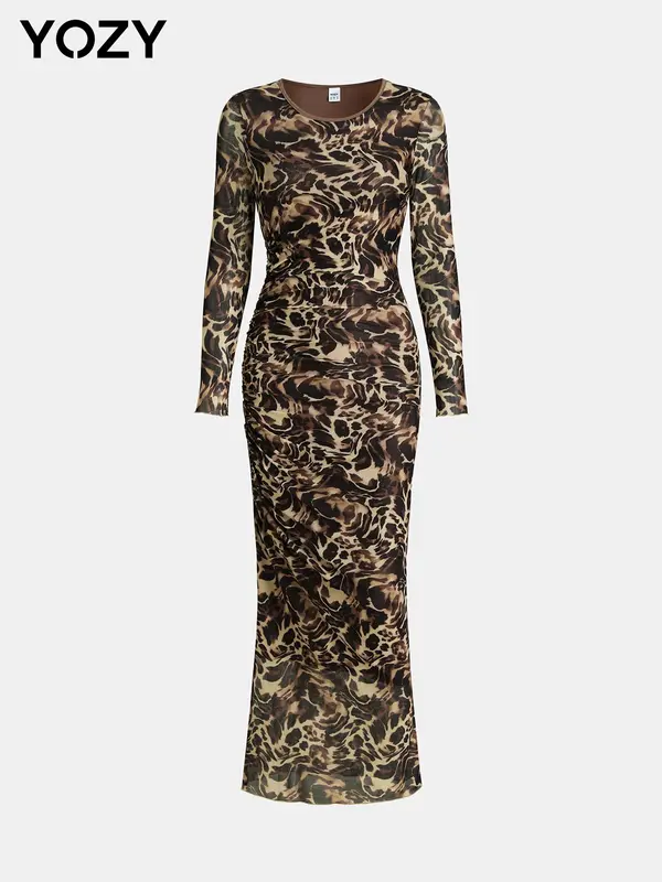 YOZY Women's All Over Print Ruched Lettuce Trim Bodycon Dress, Elegant Long Sleeve Round Neck Long Dress for Party Holiday Wedding Guest, Ladies Clothes for All Seasons 6