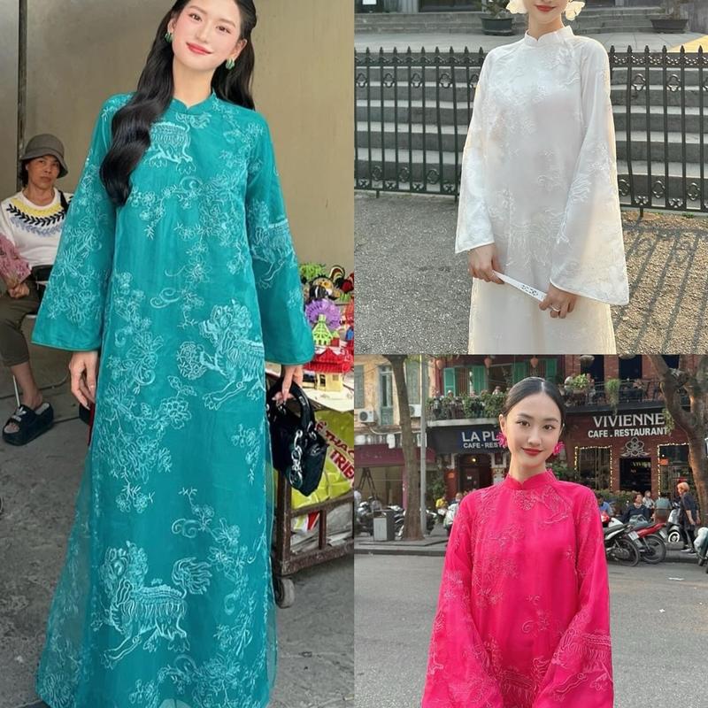 Áo Dài Tơ Organza Thêu Kỳ Lân 4 Tà Cao Cấp_Áo Dài Xuông Xéo Xọ Wine Knot