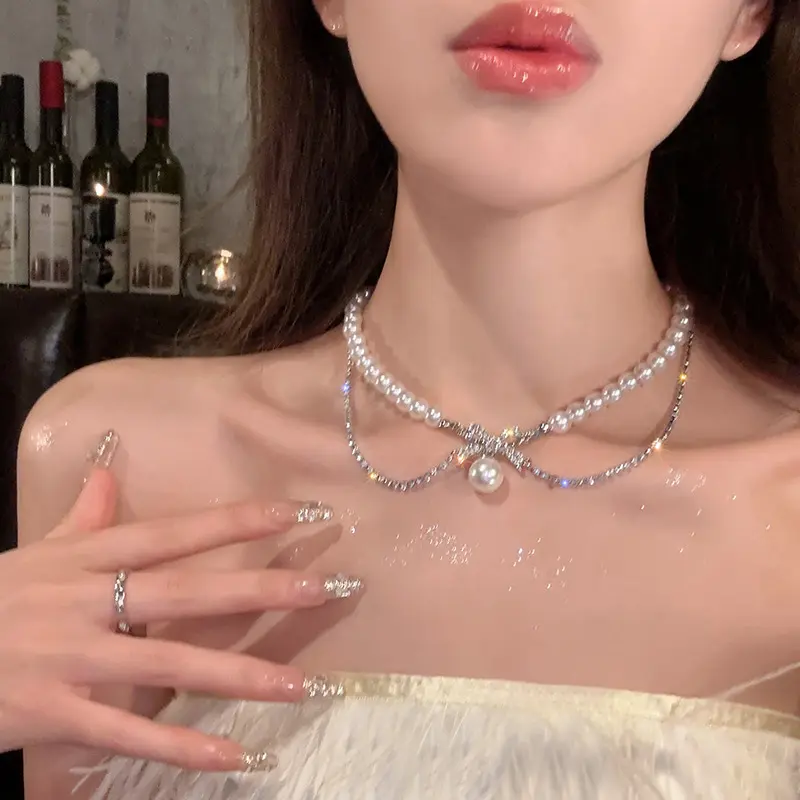 Double Layered Bow Pearl Necklace For Women, Light Luxury, Niche Elegance, Luxury, Collarbone Chain, Necklace, Trendy Romantic Escape