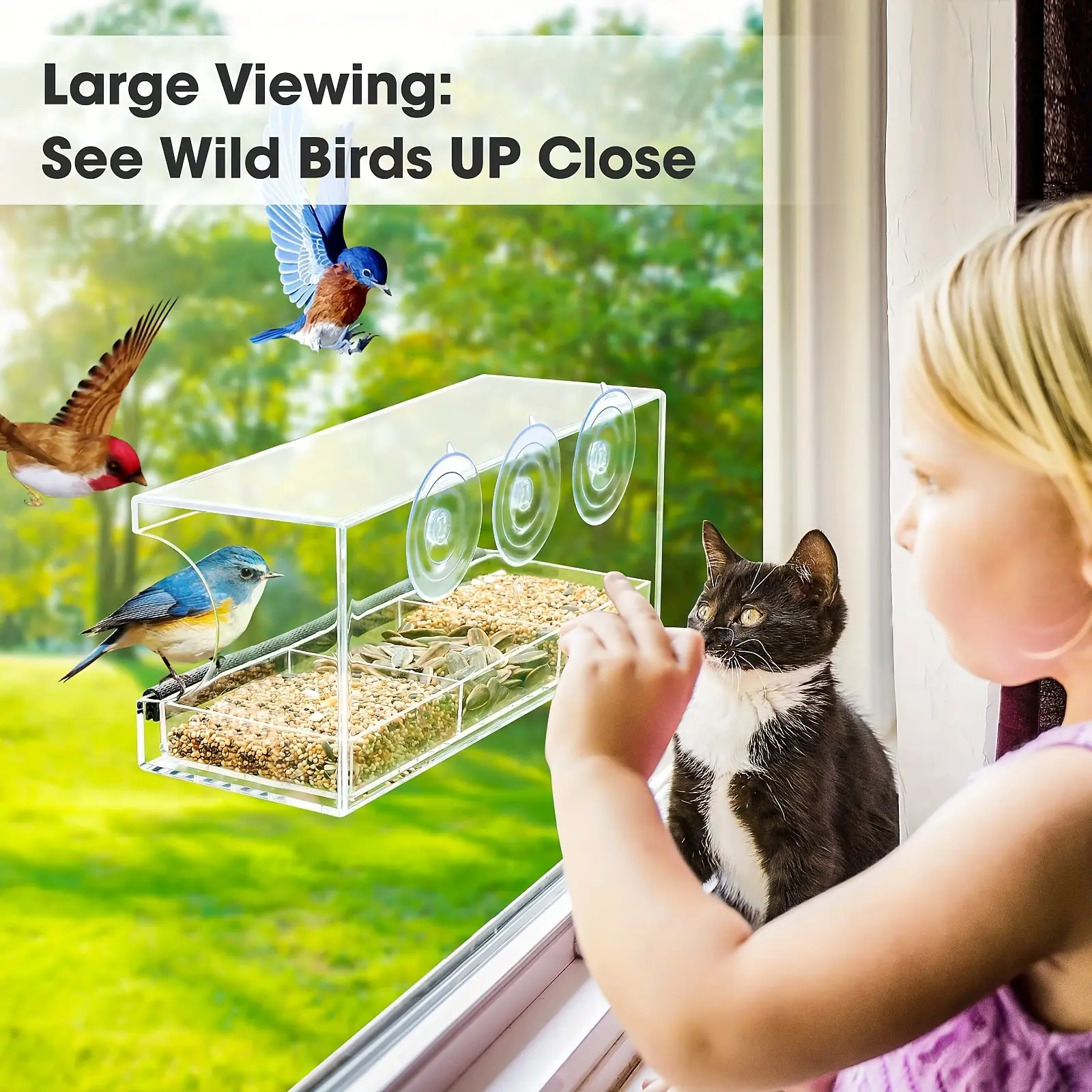 1pc Clear Window Bird Feeder With Strong Suction Cups, 3-Compartment Tray Birdhouse, Acrylic Outdoor Bird Feeder, Transparent Garden Window Birdhouse With Water Tray