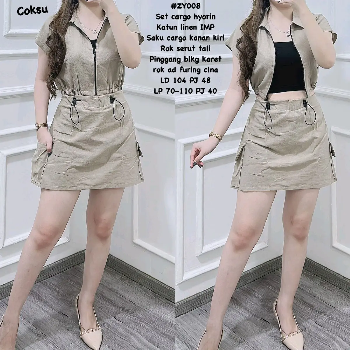 ZY008 SETELAN ROK CARGO HYORIN KATUN LINNEN IMPORT