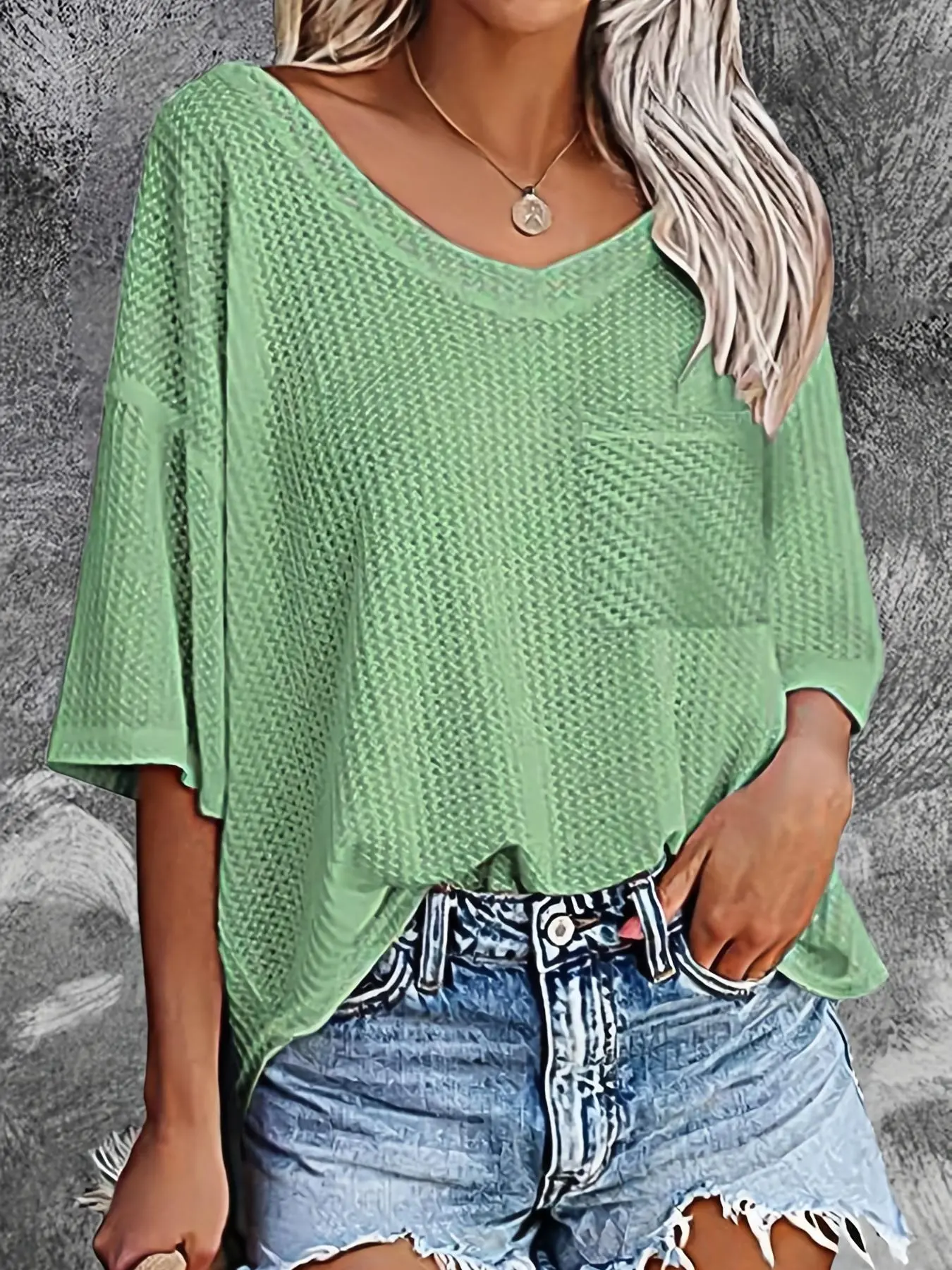 Women's Plain Pocket Drop Shoulder Tee, Summer Clothes Women, Casual V Neck Waffle Knit T-Shirt for Summer, Women's Top for Daily Wear
