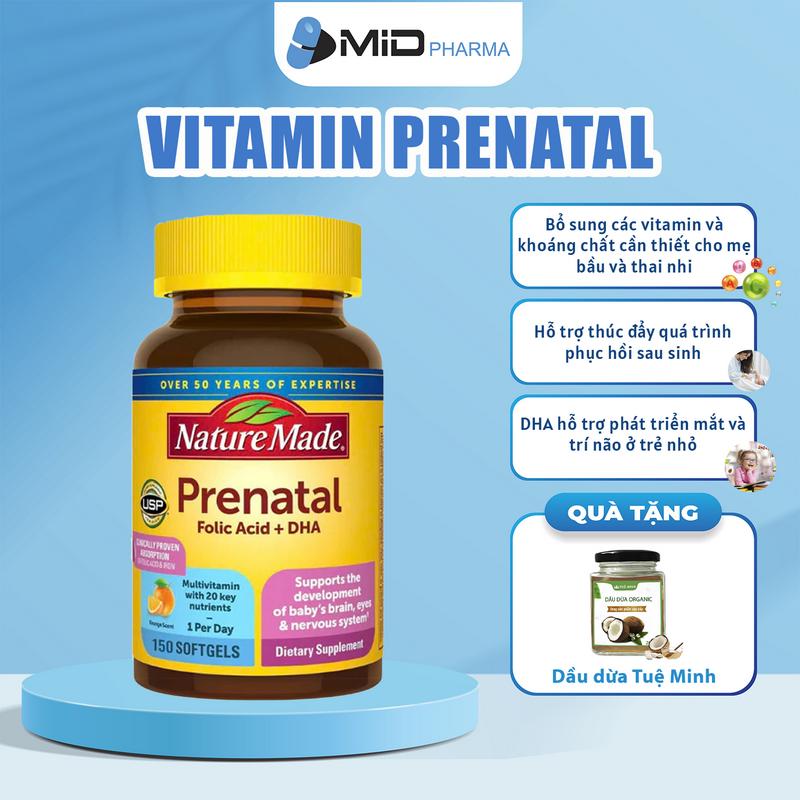 Viên uống bổ sung Vitamin cho mẹ bầu Nature Made Prenatal Folic Acid + DHA Hàng Chính Hãng 150 viên - Mid Pharma