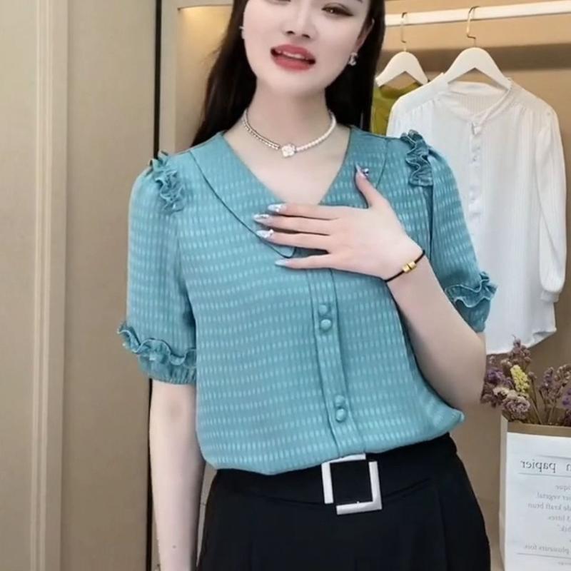 Áo Thun Ngắn Tay Cho Nữ, Áo Voan Có Cổ Búp Bê, Quần Áo Cho Mẹ, Áo Thời Trang Đa Năng 5