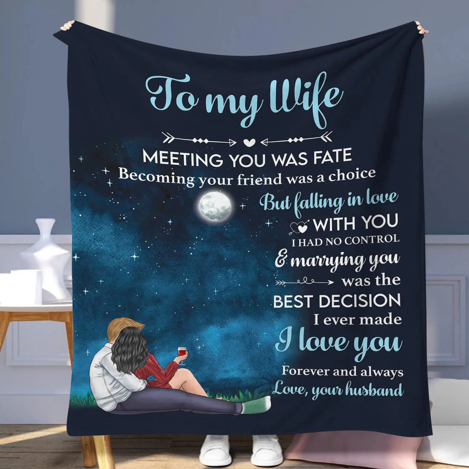 To My Wife Letter & Couple Pattern Blanket, Soft Warming Throw Blanket, Cool Bedroom Accessories, Home Essentials, Air-conditioning Blanket for Home Office Bed Sofa, Christmas Gifts, Christmas Decorations