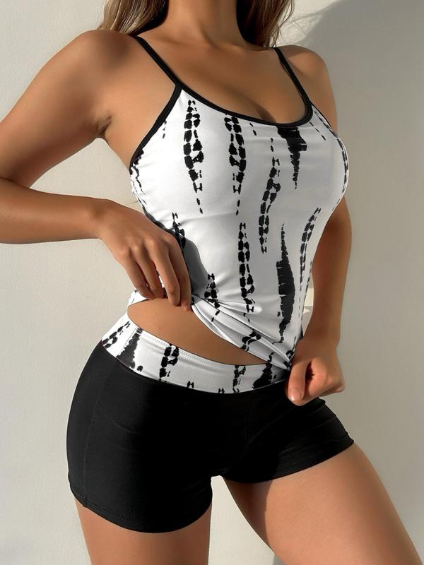 Two-Piece Set Women's Tie Dye Print Adjustable Strap Cami Tankini Top & Patchwork Shorts Tankini Set, Comfort Breathable Casual Swimsuit for Beach, Ladies Swimwear 6