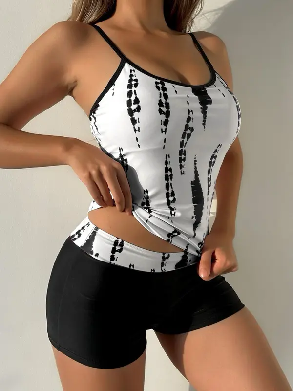 Two-Piece Set Women's Tie Dye Print Adjustable Strap Cami Tankini Top & Patchwork Shorts Tankini Set, Comfort Breathable Casual Swimsuit for Beach, Ladies Swimwear 6