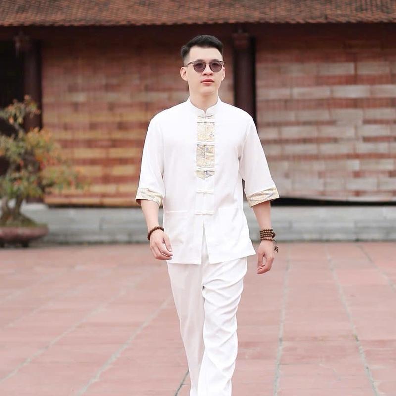 Pháp phục đi chùa Đũi Thái Nam phối có túi dành cho nam 55-85kg -Pháp Phục Hà Anh
