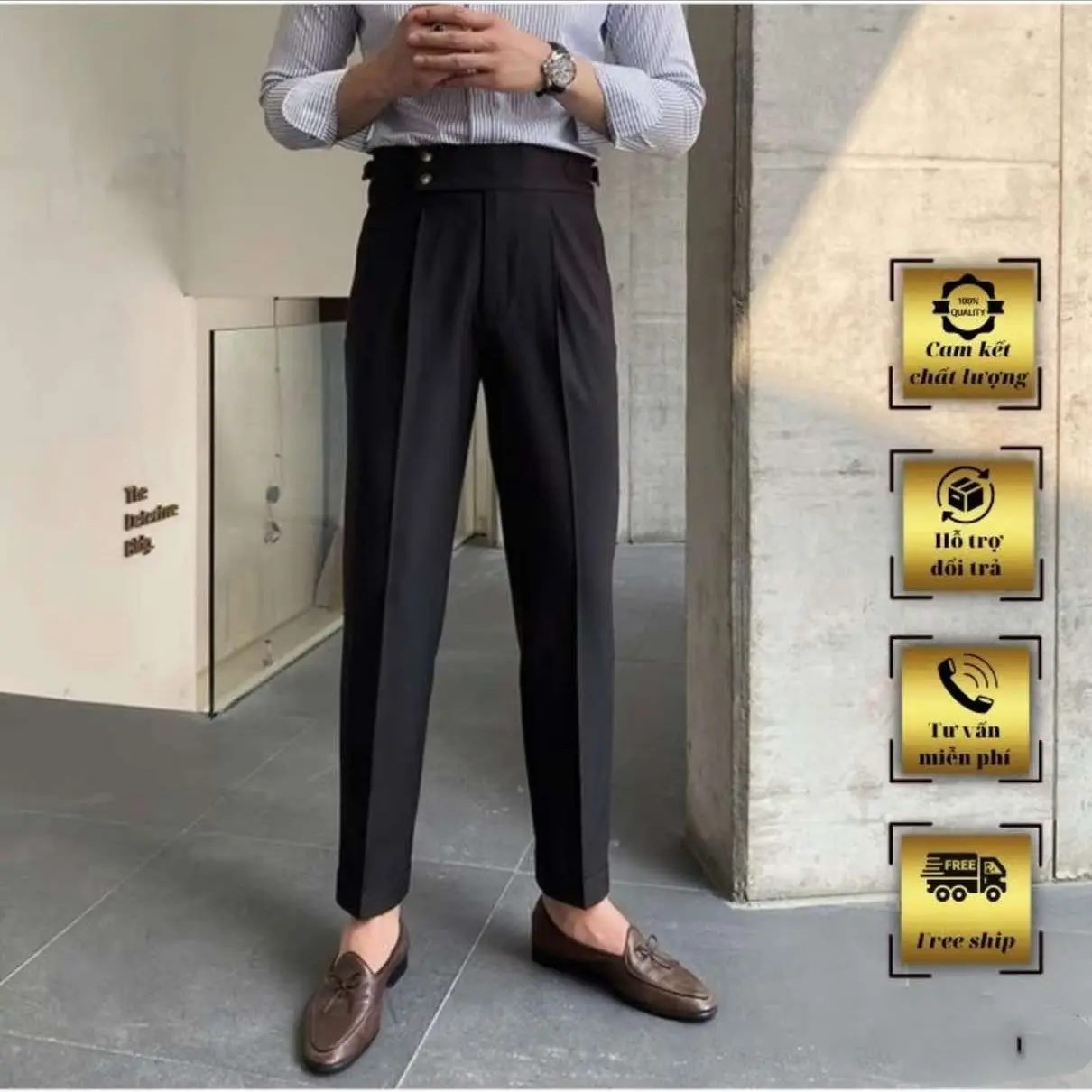 Quần Âu Nam Cạp Cao Sidetab 2 Khuy - Phong Cách Hàn Quốc Mầu Đen Túi Menswear Pants