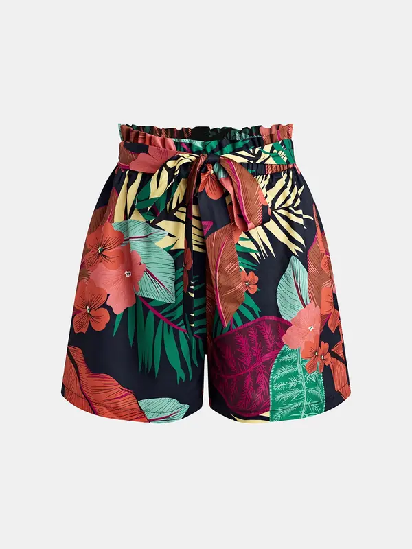YOZY Boho Ribbed Tank Top & Plants Print Belted Shorts Set, Notched Neck Sleeveless Top & Paper Bag Waist Shorts, 2024 Women's Summer Outfits for Beach, Vacation, Daily Wear 3