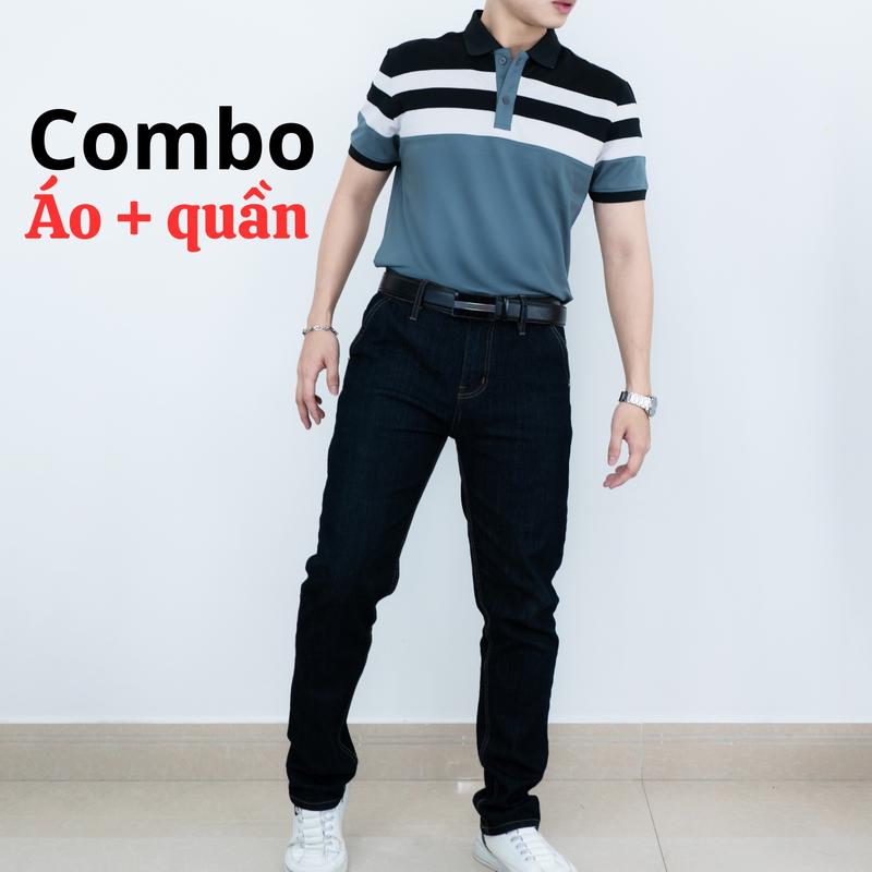   Áo Polo + Quần Jean  Set Polo Nam Sọc & Jean Đen Nano Túi Xéo | Chuẩn Đẹp Trai Giá Tốt 