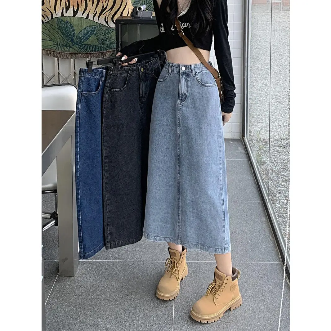 Women's High Waist A- line Denim Skirt New 2024 Spring and Autumn Female Mid-Length Split Denim Skirt Bottoms Lingerie