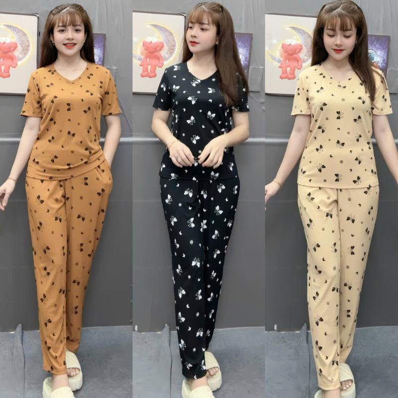 Set Đồ Bộ Quần Baggy Áo Cổ Tim Tay ngắn Dành cho Nữ Chất Liệu Thun Gân Lạnh Bigsize 45-75kg Women Voi Top Kem