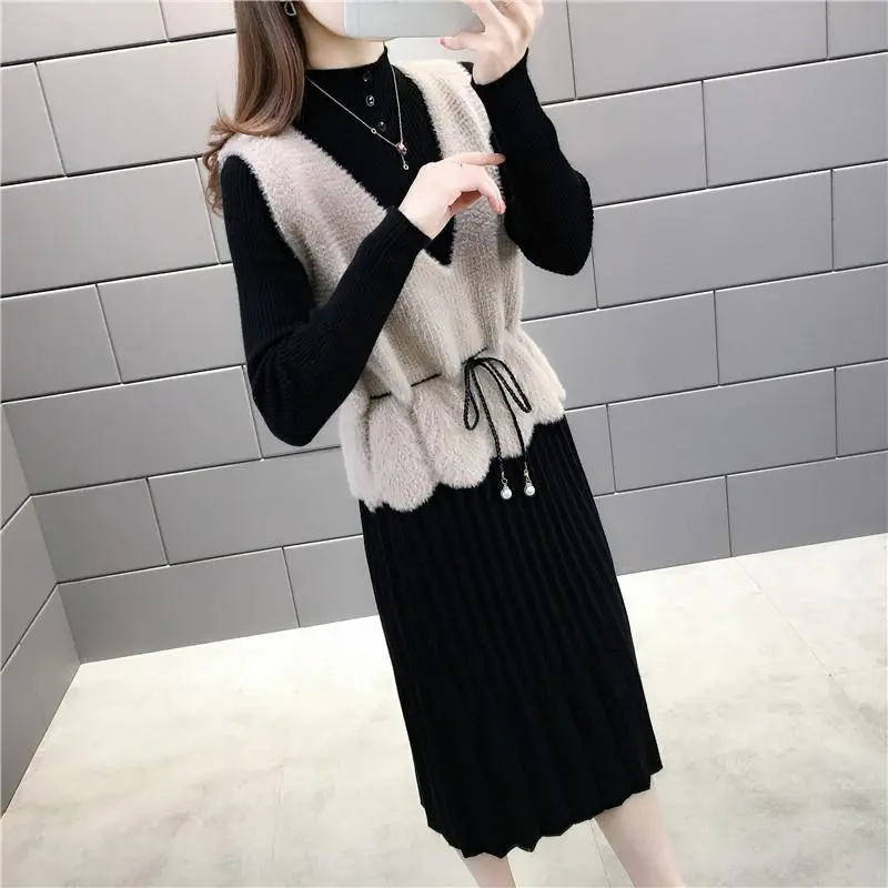 Áo Khoác Dài Trung Bình Cho Nữ, Váy Thu Đông Thời Trang, Bộ Vest Hai Mảnh Dệt Kim Phong Cách Hàn Quốc, Hàng Mới Về Mùa 2024, Quần Áo Nữ