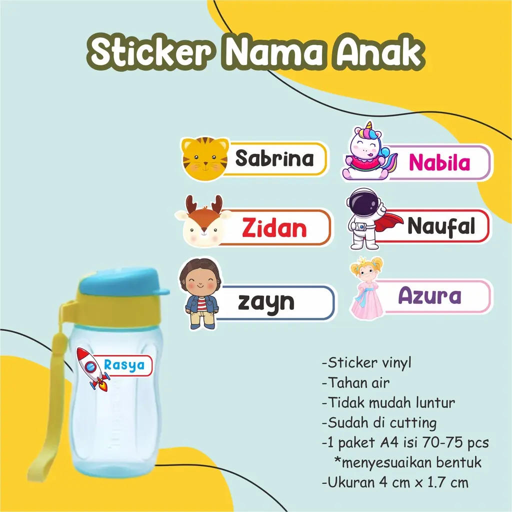 Sticker Nama Anak WATERPROOF / Sticker Nama Costum / Sticker Label Nama