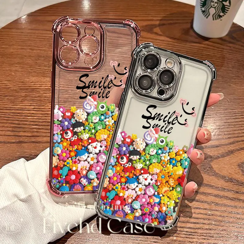 Ốp Điện Thoại Tương Thích Cho IPhone 16 11 15 14 13 12 Pro Max Plus X XR Xs Max 7Plus 8Plus SE 2020, Họa Tiết Hoạt Hình Dễ Thương Nụ Cười, Mạ Trong Suốt Bốn Góc Chống Rơi Túi Khí, Ốp