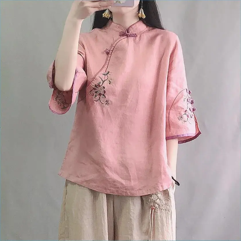 Áo Sơ Mi Vải Lanh Bông Cổ Điển Phong Cách Trung Quốc, Cổ Chân Đế Cài Cúc Khối Màu, Tay Giữa, Váy Trà Thêu, Thích Hợp Cho Trang Phục Nữ Mùa Xuân Và Mùa Hè