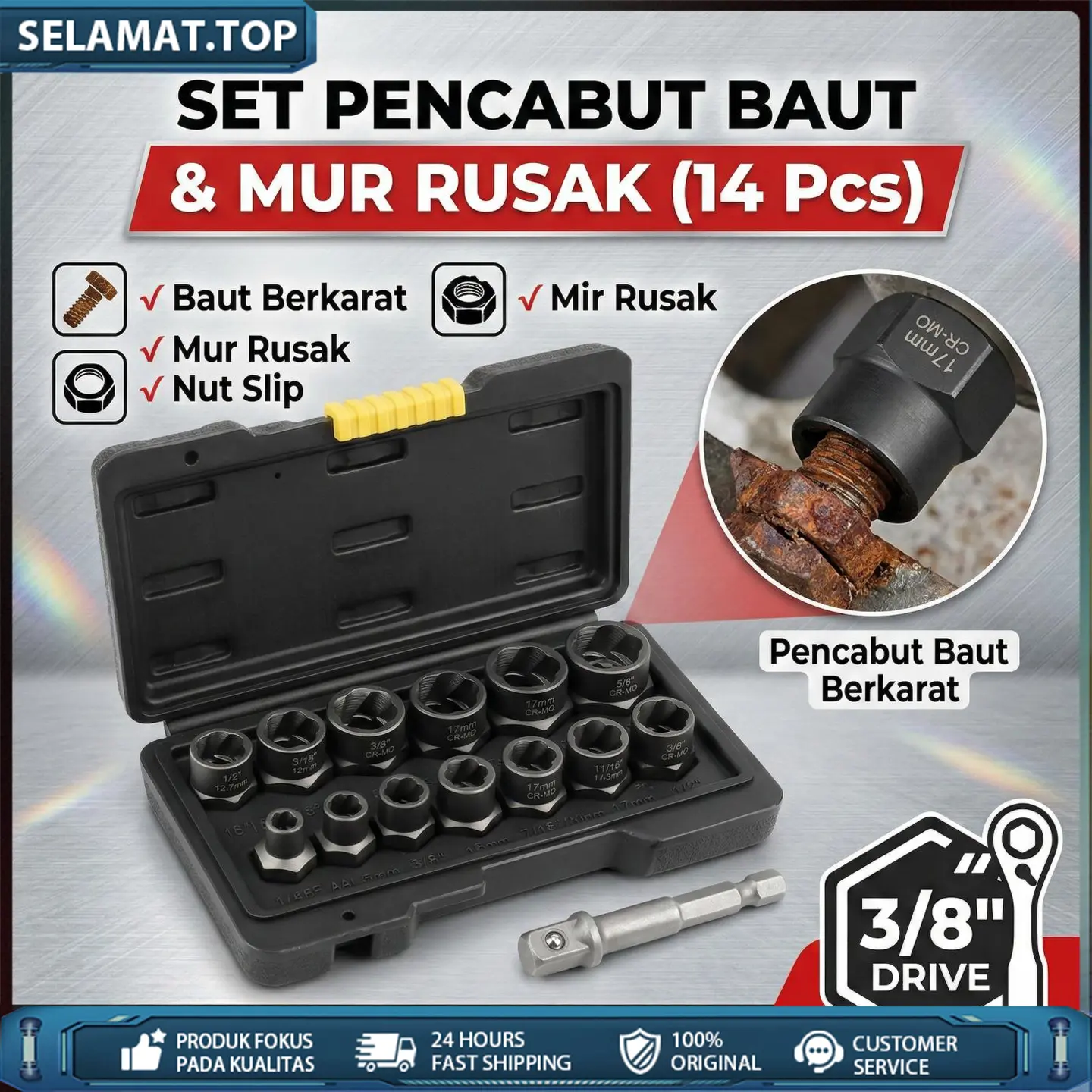 Set Soket Ekstraktor Baut 14-in-1 Pembuka Mur Rusak Aus Karat Alat Cabut Baut Dol CR-MO High Hardness 1/4" ke 3/8" Adaptor Portable Kotak Tool