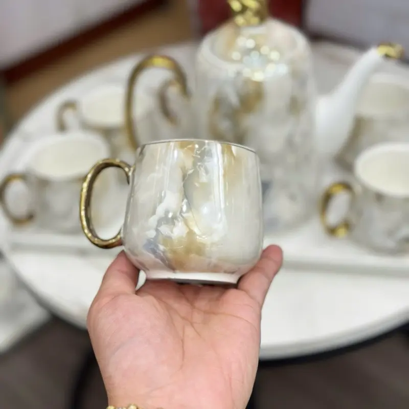 Bộ Ấm Trà Sứ Hoạ Tiết Vân Đá Nắp Thiên Nga Kèm Khay [Y15A-8] 3